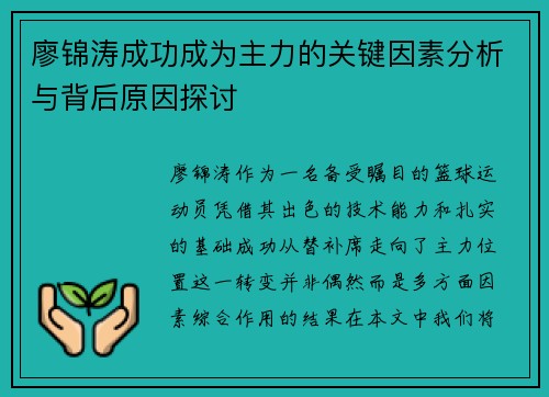 廖锦涛成功成为主力的关键因素分析与背后原因探讨